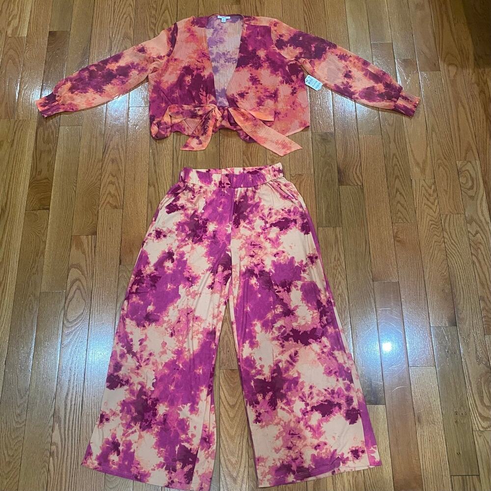 NWT Bar III Tie Dye Orange/Pink Blouse Top & Pants 2-Piece Set Women’s XL